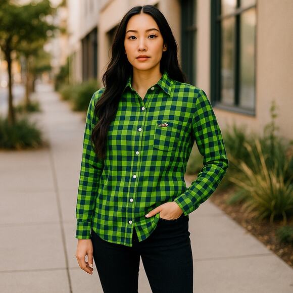 Hollister Womens Blouse Sz M Lime Green Blue Check Long Sleeve Button Up Cotton - Picture 2 of 9